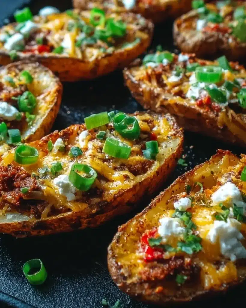 Crispy Chili Loaded Potato Skins topped with cheese and chili, perfect for game day