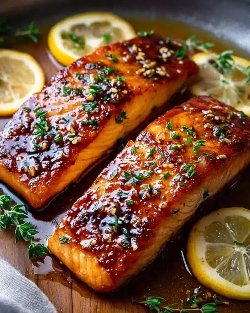 Crispy honey garlic glazed salmon fillet served with vegetables