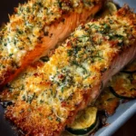 Crispy Parmesan Salmon Bake ready to serve on a plate