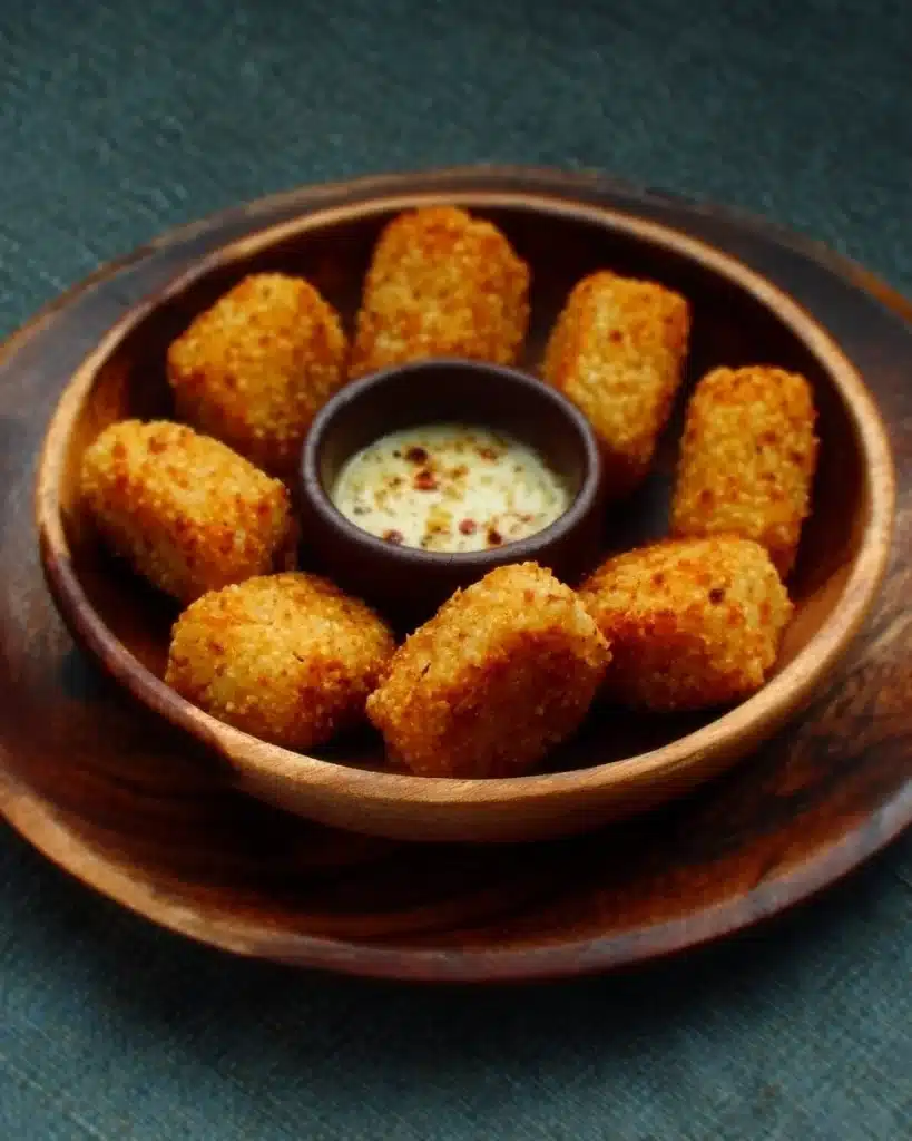Plate of crispy sabudana nuggets served with dipping sauce