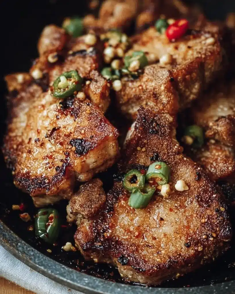 Crispy salt and pepper pork chops served with garnish