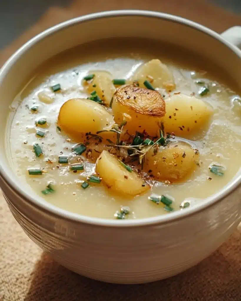 Crockpot Roasted Garlic Potato Soup served in a bowl, garnished with herbs