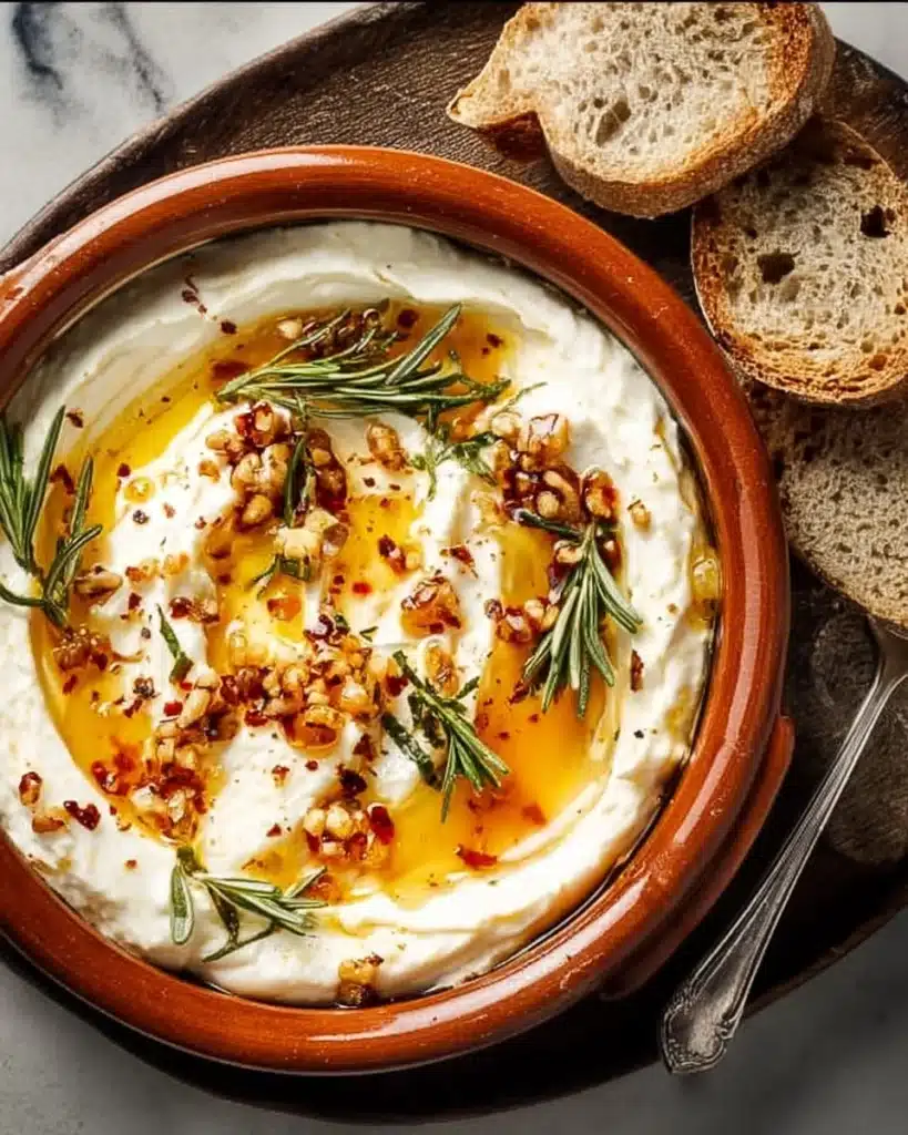 Delicious ricotta dip with hot honey served in a bowl with crackers