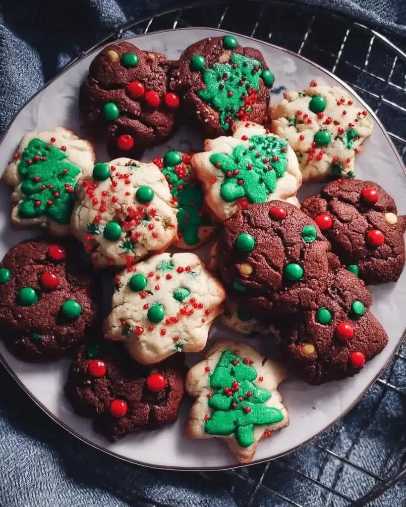 A variety of easy Christmas cookies displayed on a festive holiday table.