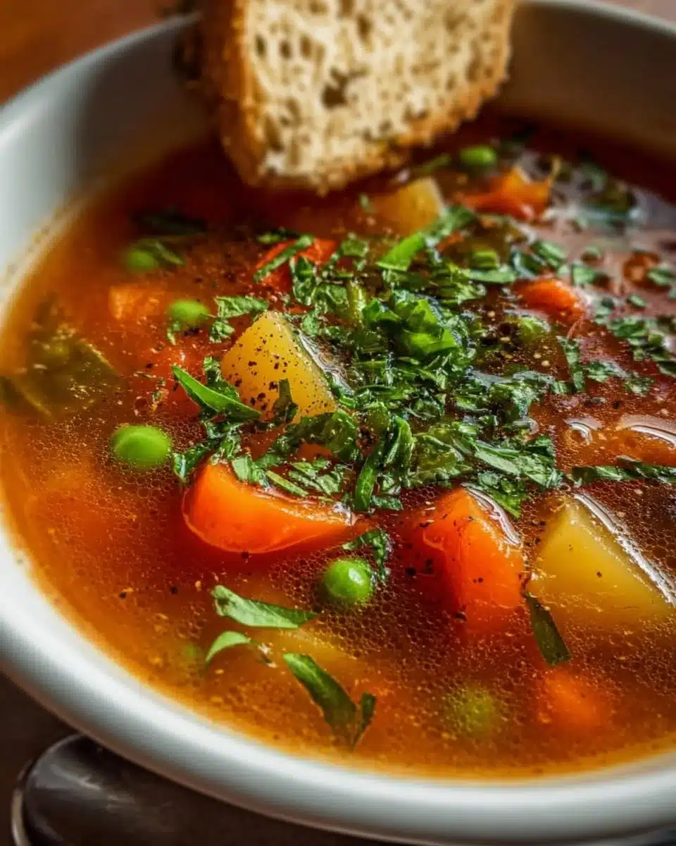 Bowl of Easy Harvest Soup filled with seasonal vegetables and herbs.