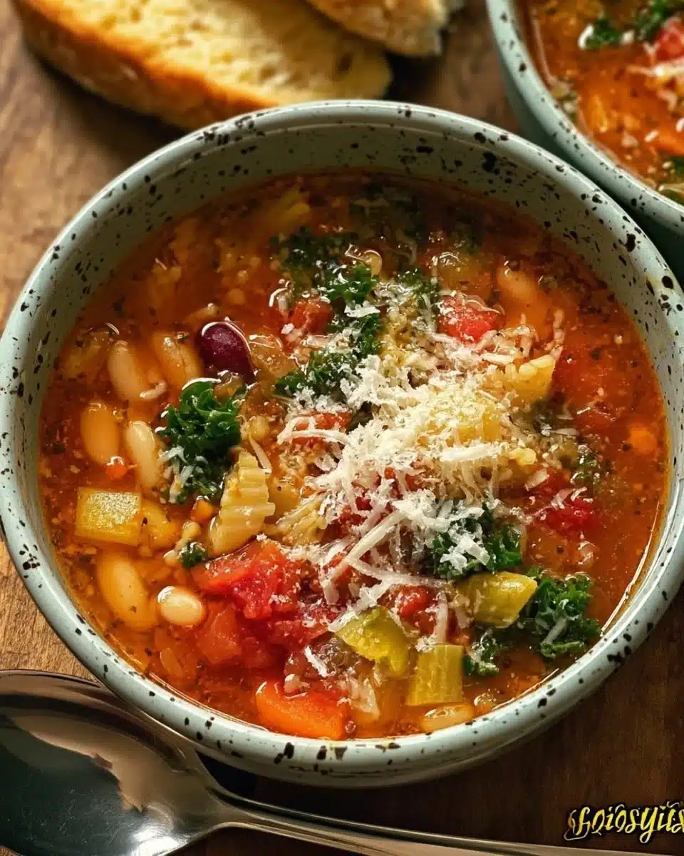 Bowl of easy minestrone soup with colorful vegetables and fresh herbs