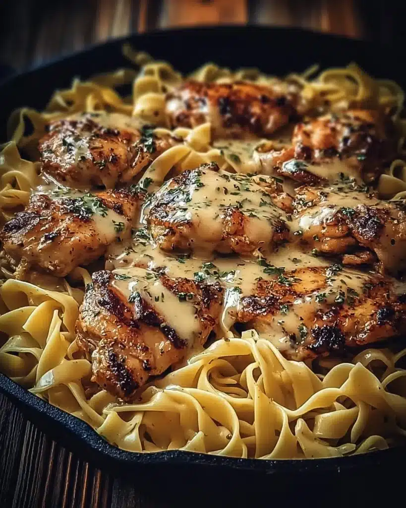Delicious easy one-pan chicken with buttered noodles served on a plate