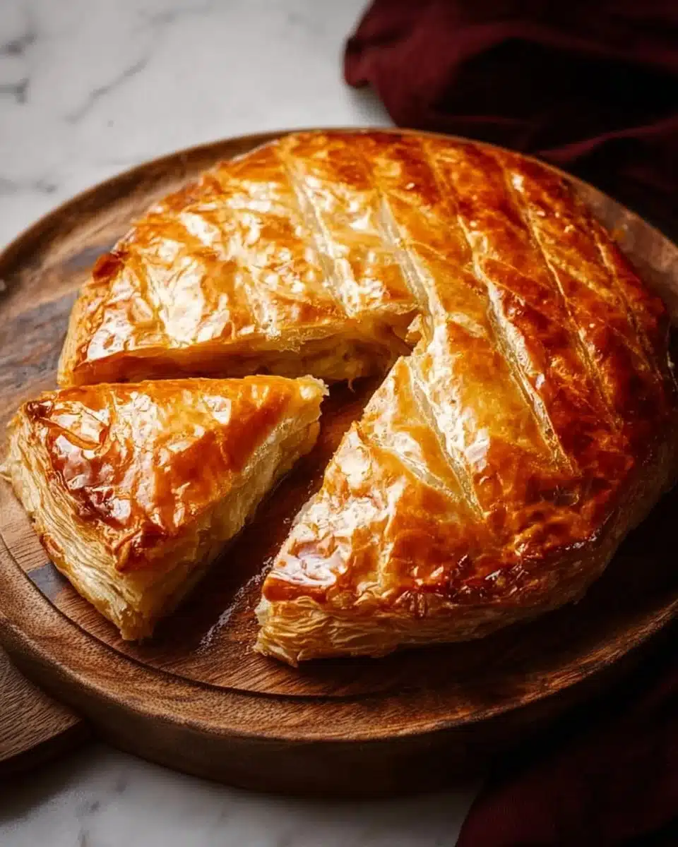 Homemade easy Pithivier pastry with almond filling on a wooden table