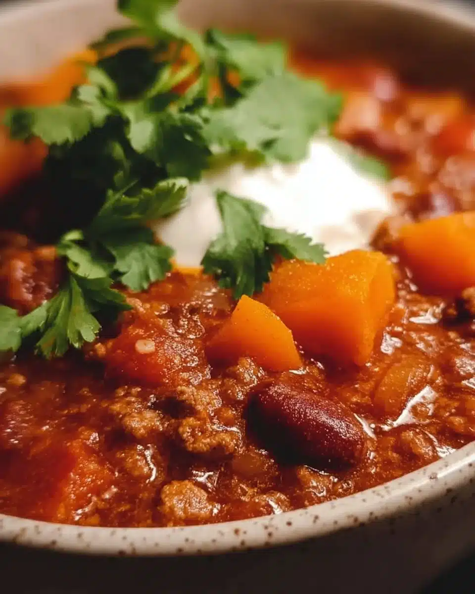 Delicious bowl of easy pumpkin chili garnished with herbs and served warm