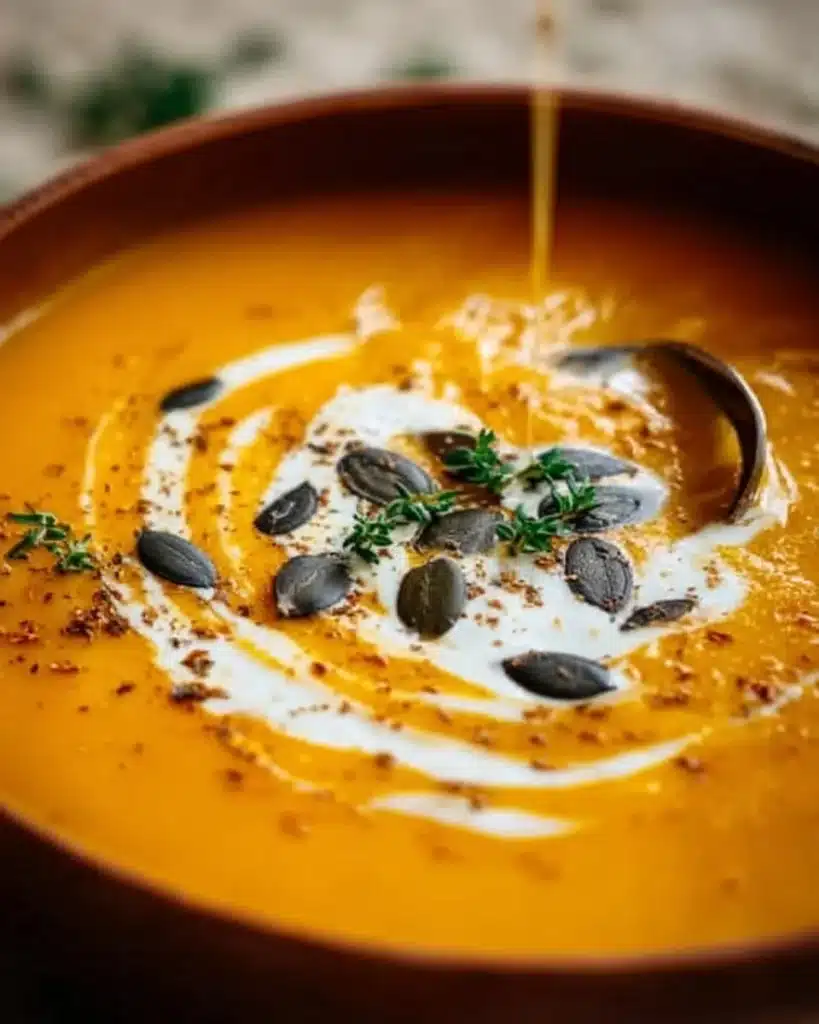 Bowl of easy pumpkin soup garnished with herbs and spices