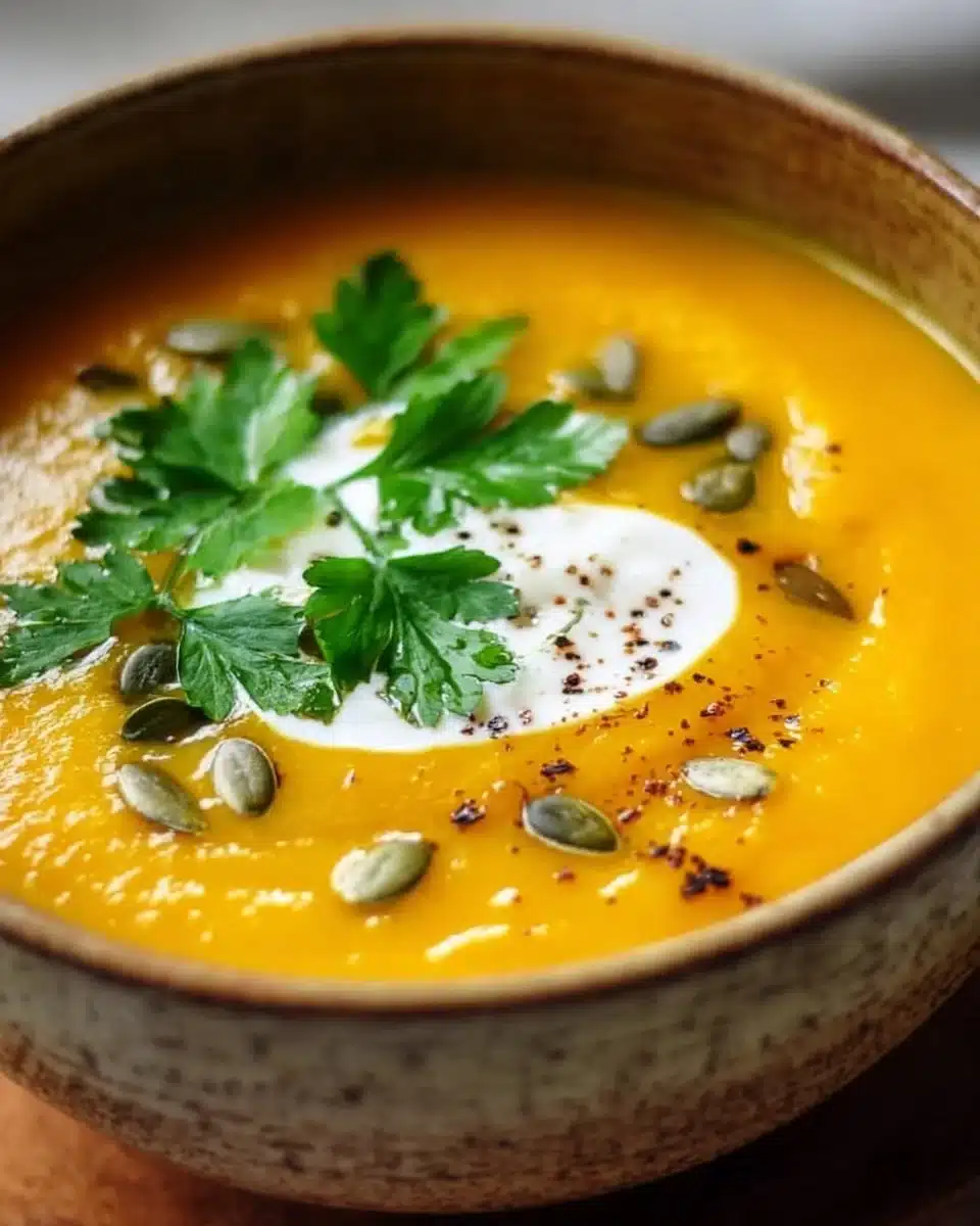 Bowl of easy roasted pumpkin soup topped with fresh herbs and cream