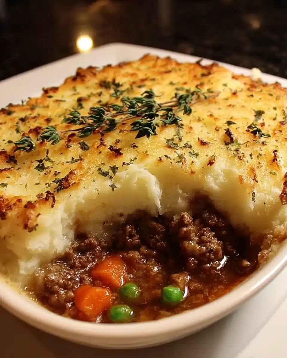 Delicious easy Shepherd's Pie dish topped with golden mashed potatoes