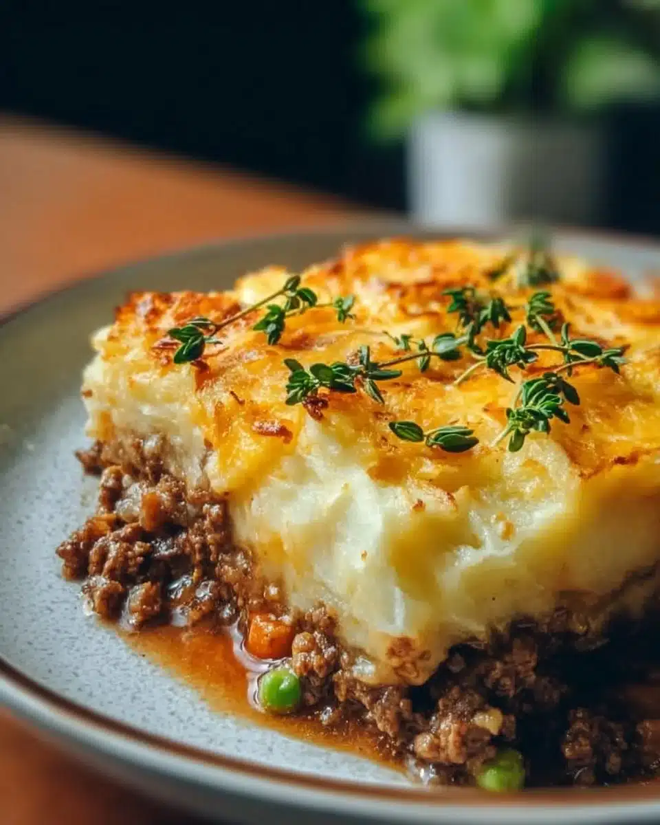 Delicious Easy Shepherd's Pie Casserole topped with golden mashed potatoes