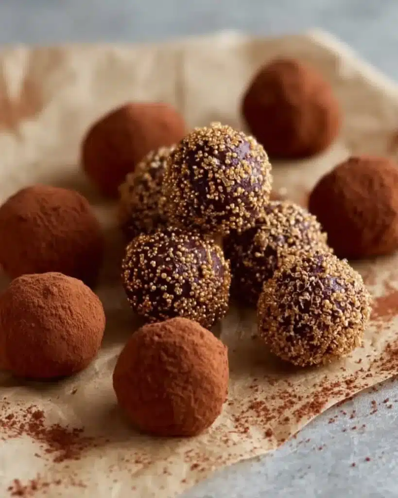 Homemade easy truffles with chocolate and toppings on a rustic background.