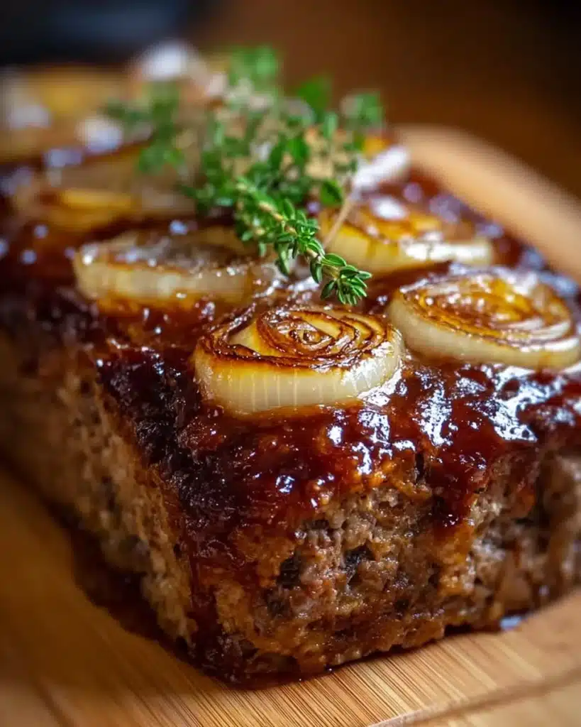 Delicious French Onion Meatloaf garnished with caramelized onions.