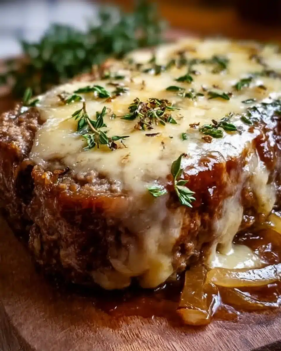 Delicious French onion meatloaf topped with melted cheese and caramelized onions