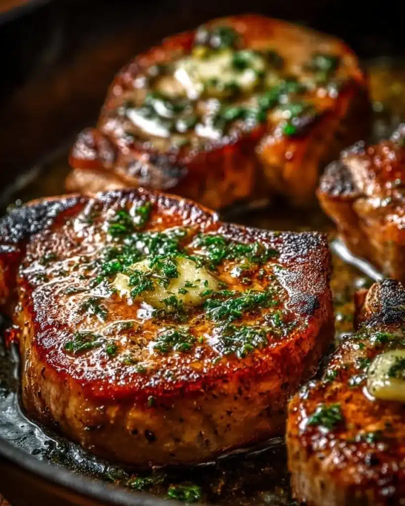 Garlic butter pan-seared pork chops on a plate with herbs