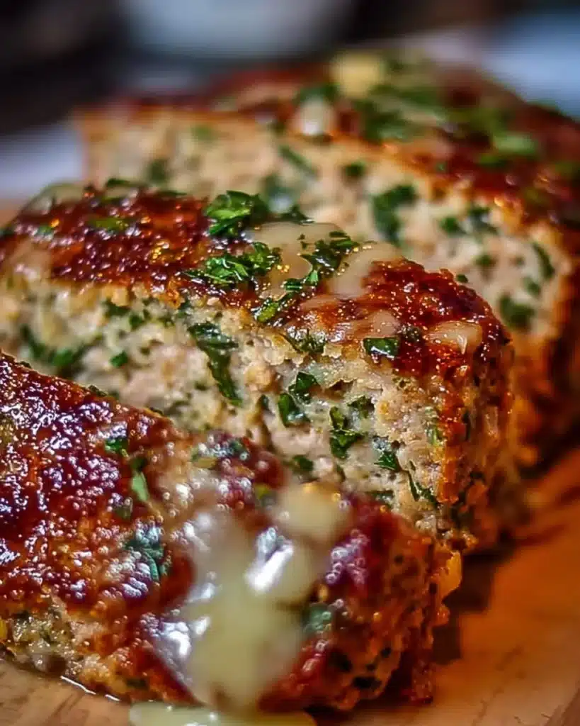 Delicious Garlic Parmesan Chicken Meatloaf served with herbs and spices.