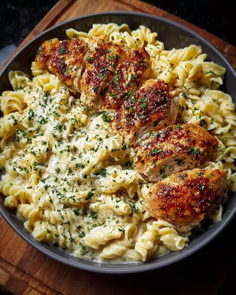Delicious Garlic Parmesan Chicken Twisted Pasta in Creamy Alfredo sauce