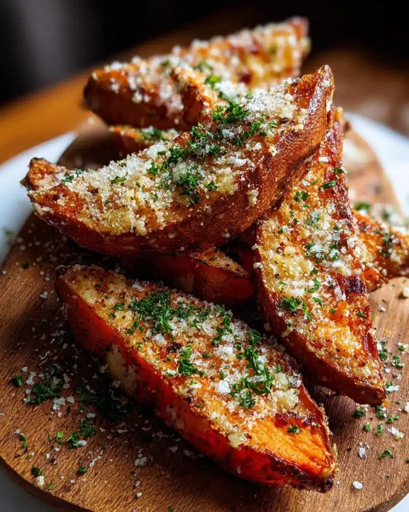 Garlic Parmesan Sweet Potato Wedges on a plate garnished with parsley