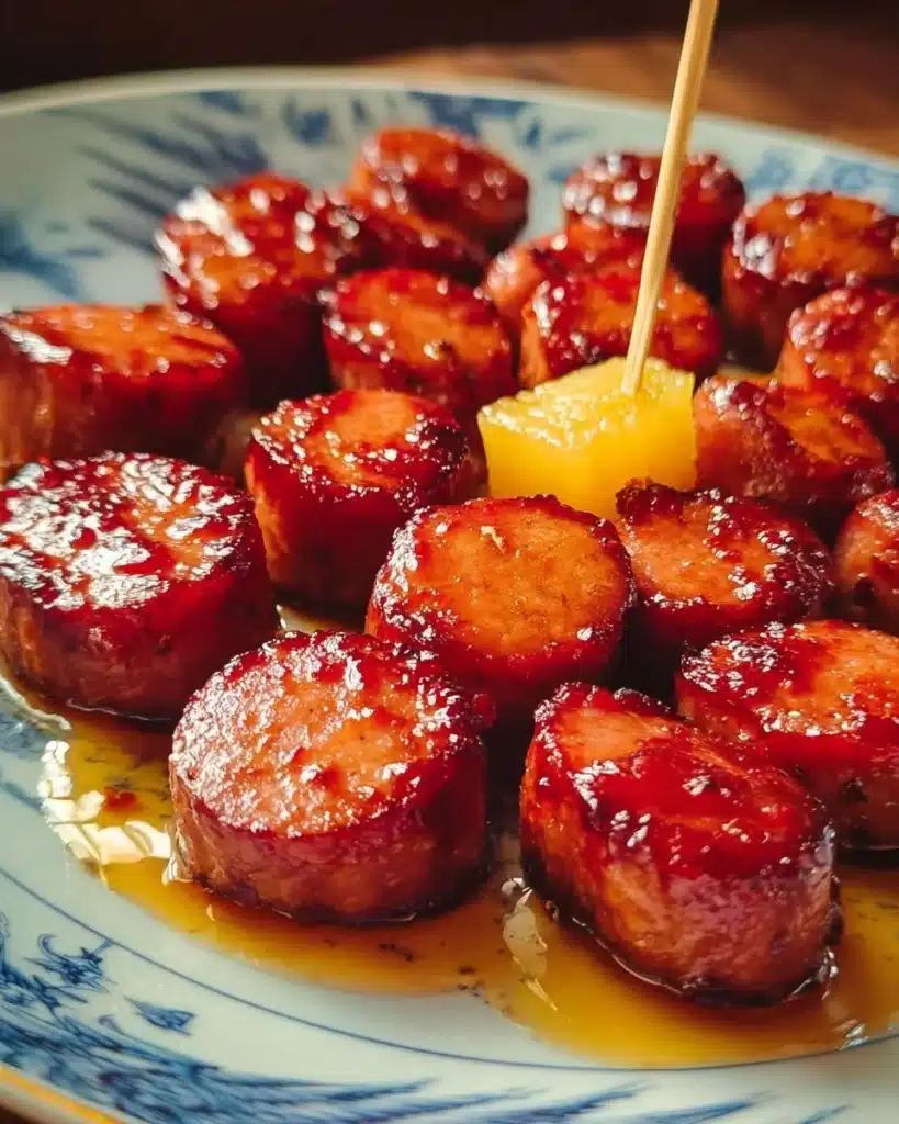 Plate of Glazed Pineapple Kielbasa Bites garnished for a tasty snack