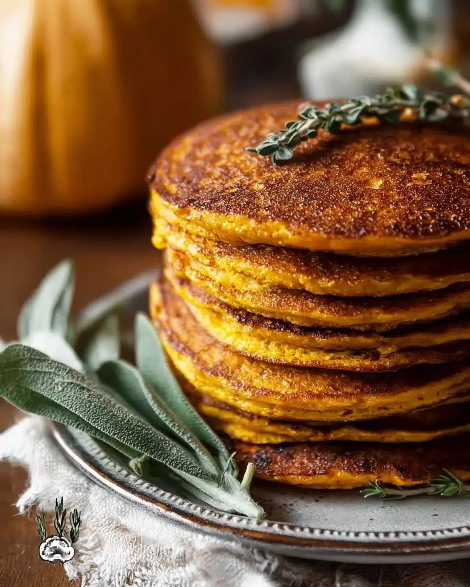 Stack of gluten-free pumpkin pancakes topped with maple syrup and cinnamon
