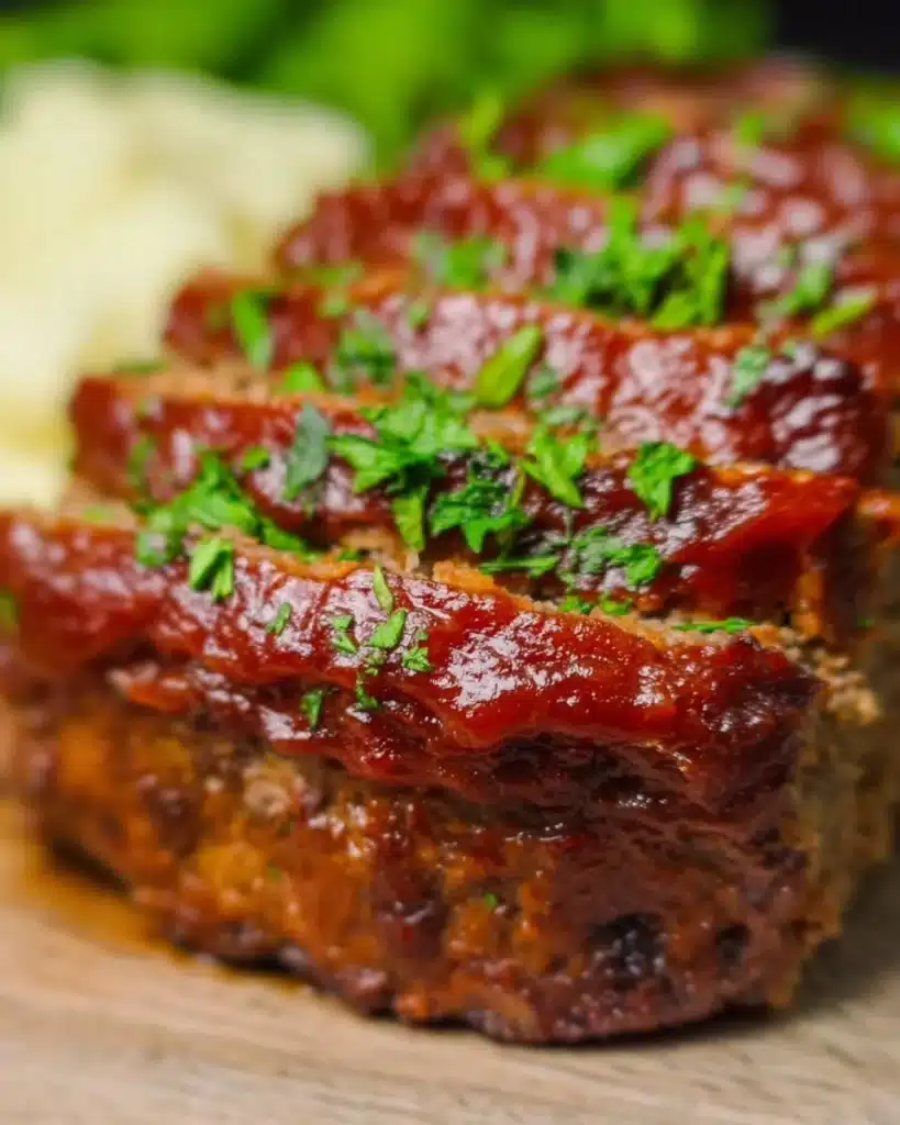 Delicious go-to meatloaf served with mashed potatoes and green beans