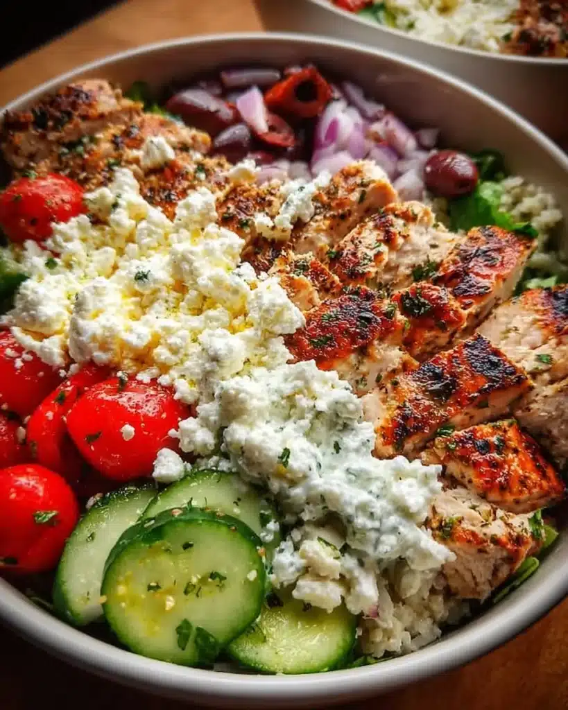 Delicious Greek Chicken Bowl with fresh vegetables and herbs.