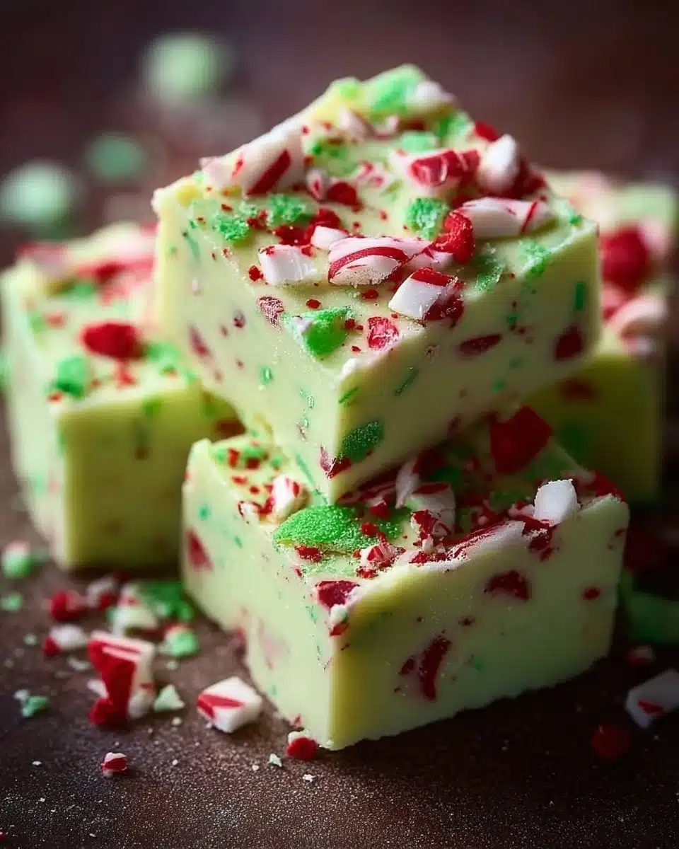 Delicious Grinch Peppermint Fudge garnished with crushed candy canes