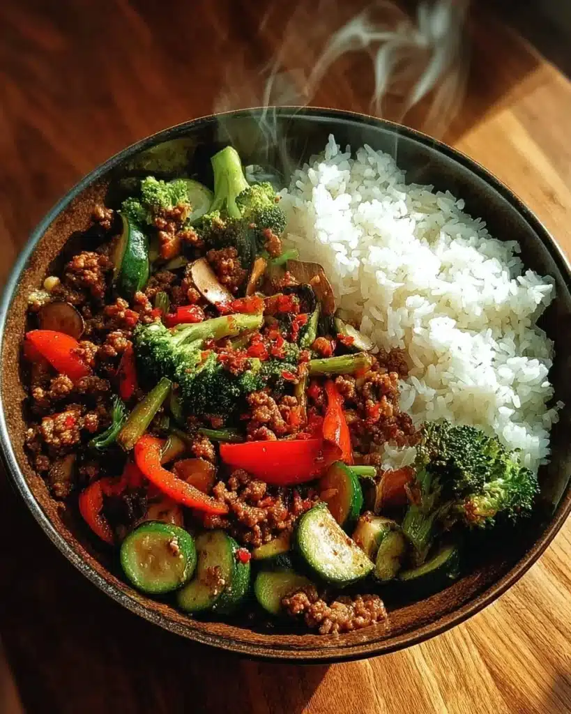 Ground beef stir-fry bowl with fresh vegetables and rice