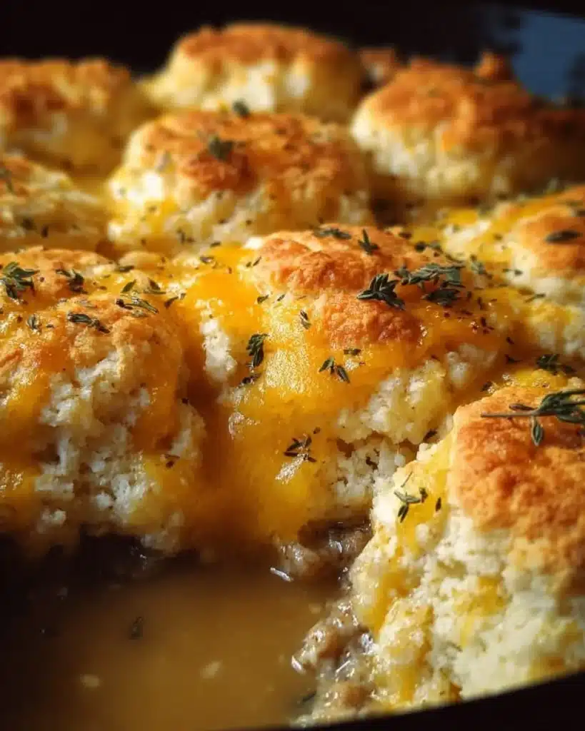 Delicious Hashbrown Gravy Biscuit Bake served in a casserole dish