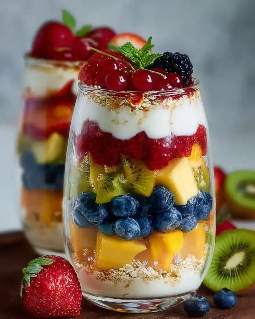Healthy Layered Fruit Parfait with fresh fruits and yogurt