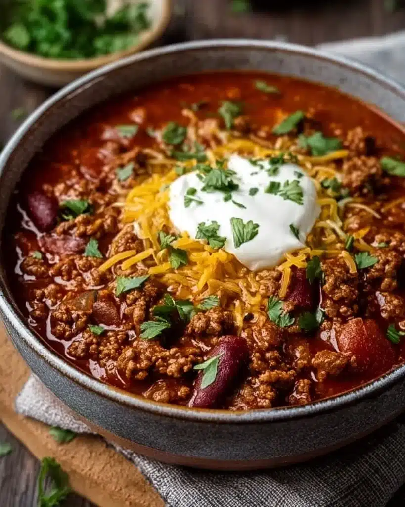 Bowl of hearty stovetop chili with beans and spices