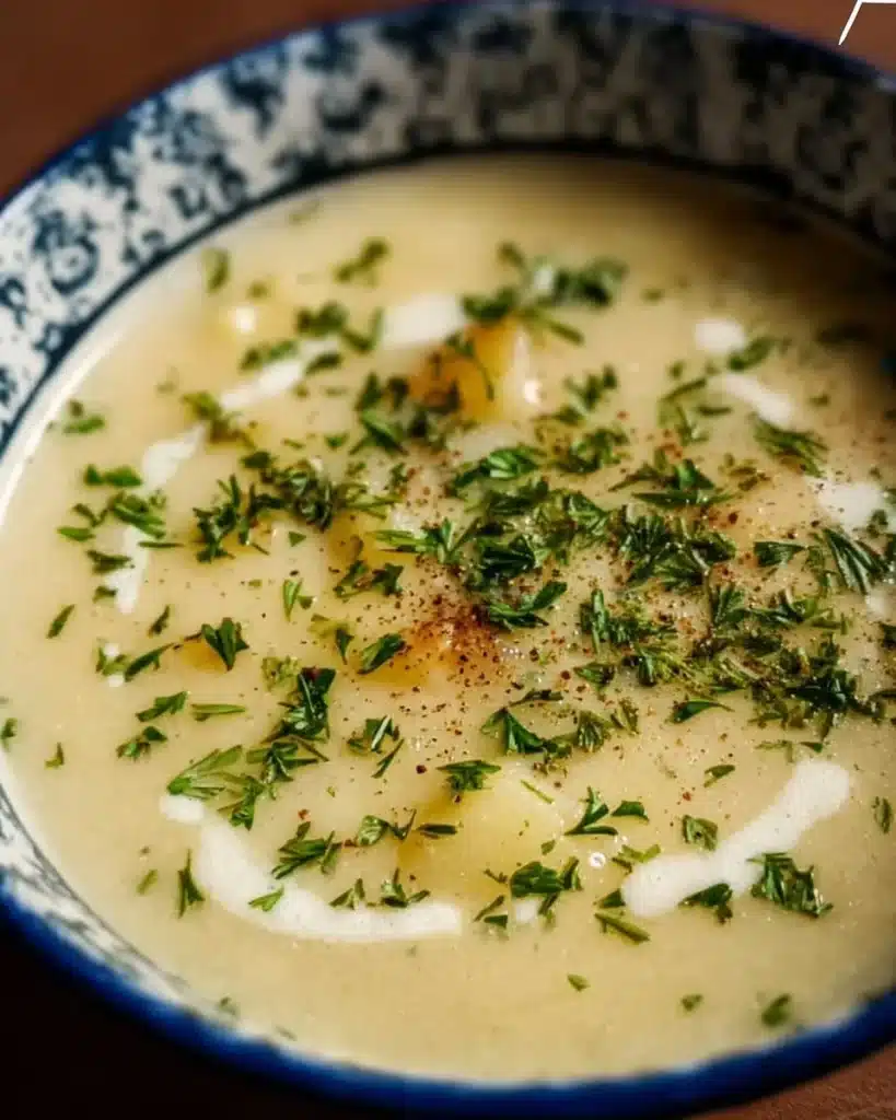 Delicious herbed potato soup topped with fresh herbs, served in a bowl.