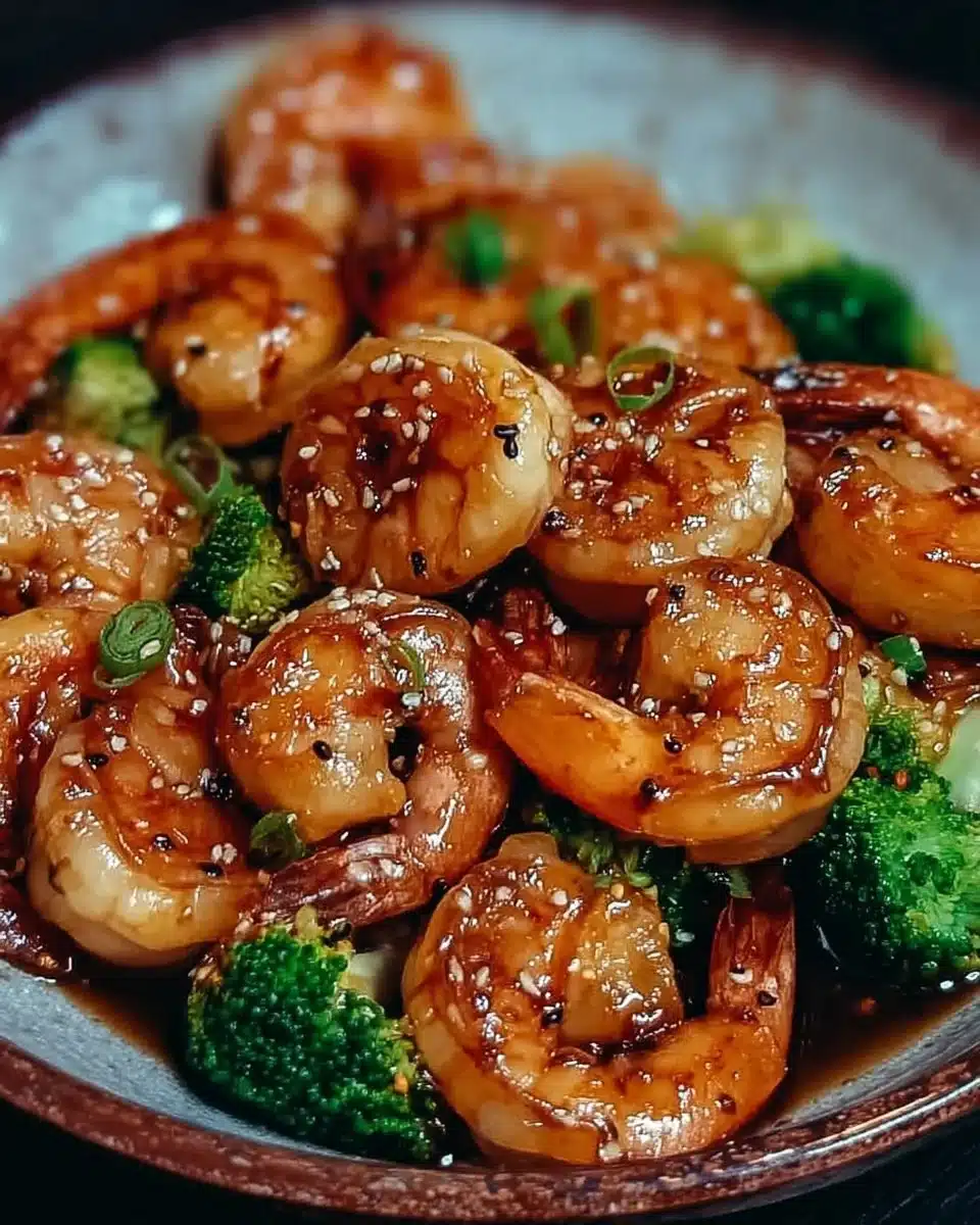 High-protein honey garlic shrimp dish garnished with green onions