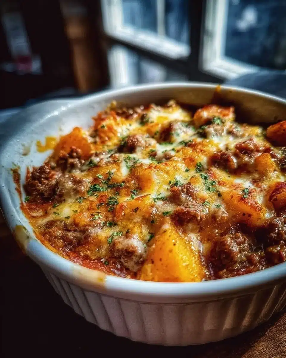 A hearty plate of Hobo Casserole, showcasing layers of meat and vegetables.
