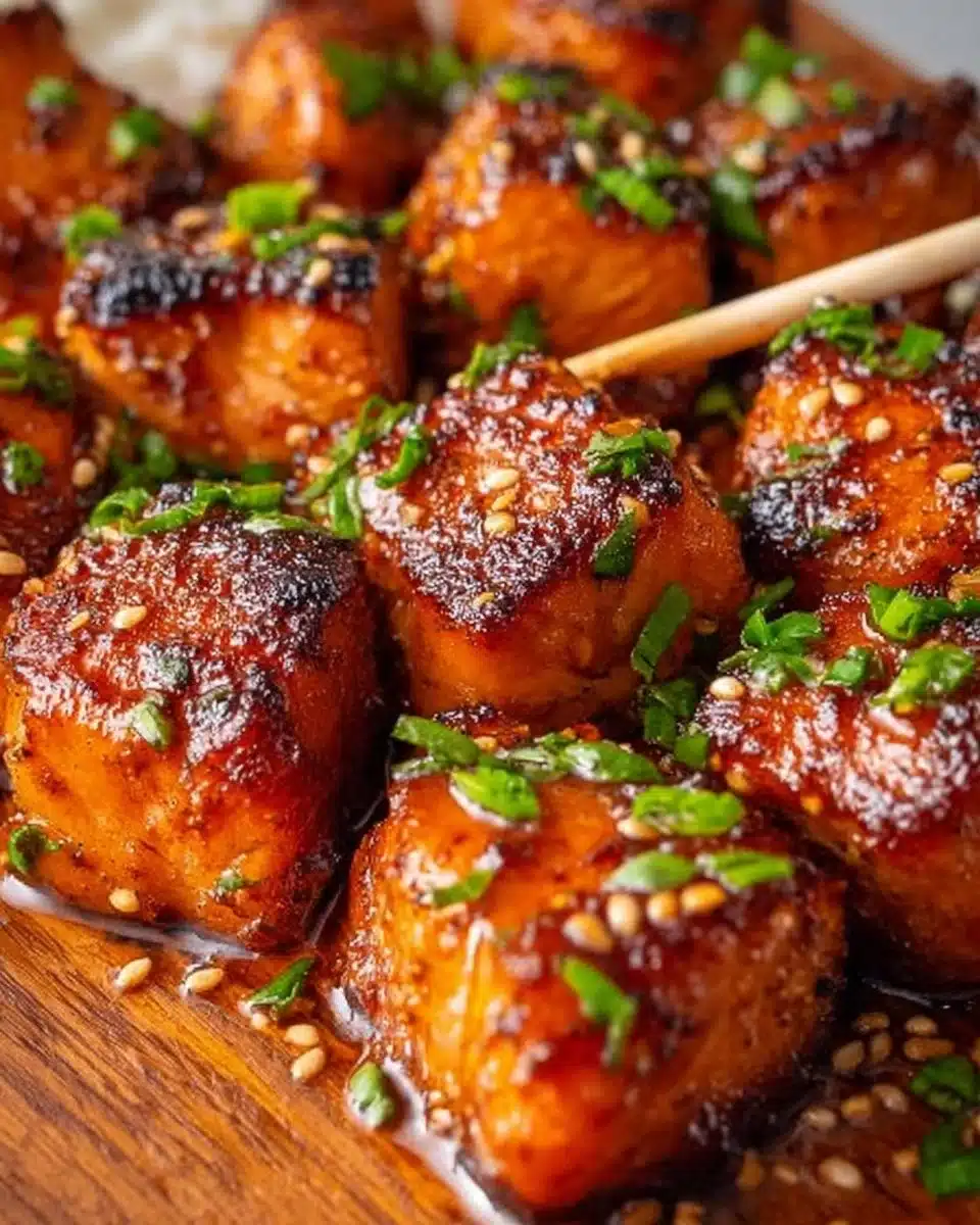 Honey Garlic Salmon Bites served on a platter with herbs