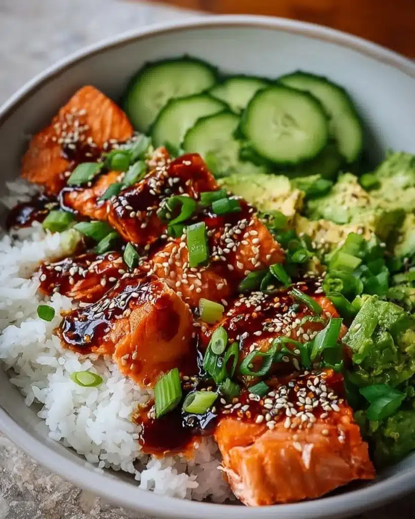 Honey Sriracha Salmon Bowl with vibrant vegetables and rice