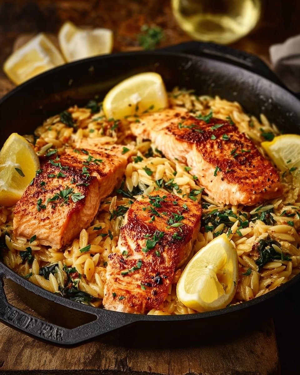 One Skillet Salmon with Lemon Orzo
