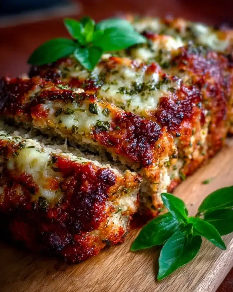 Delicious Italian chicken meatloaf garnished with herbs on a serving plate.