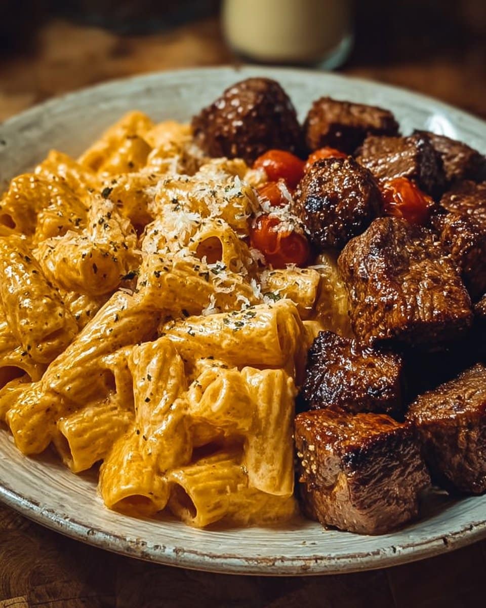 Cajun Steak Tips with Creamy Parmesan Rigatoni