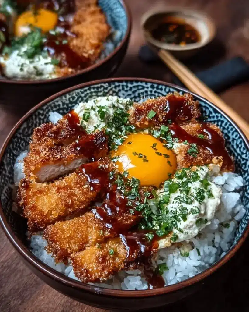 Delicious Japanese Katsu Bowl with crispy meat and rice served in a traditional dish