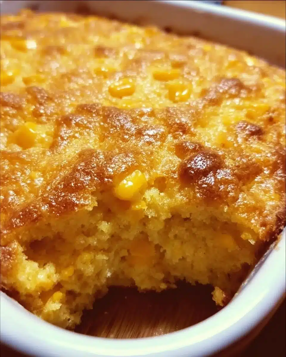 Delicious Jiffy baked corn casserole served in a baking dish with golden crust