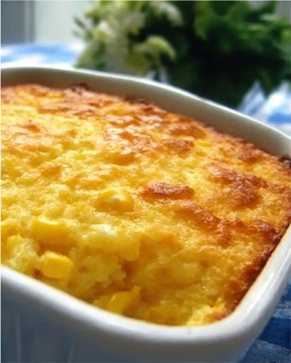 Delicious Jiffy Corn Casserole topped with cheese, served in a baking dish.