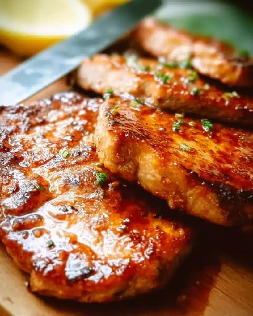 Juicy boneless pork chops glazed with honey garlic sauce on a plate.