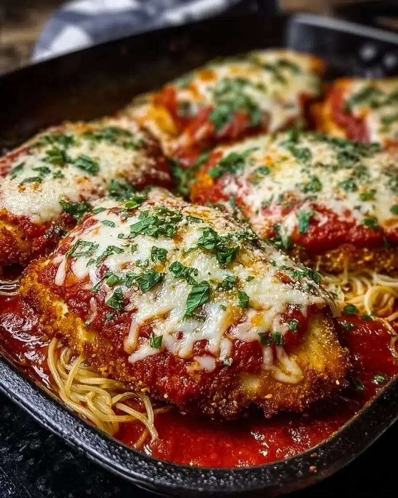 Keto Chicken Parmesan served with fresh herbs and cheese on a dinner plate