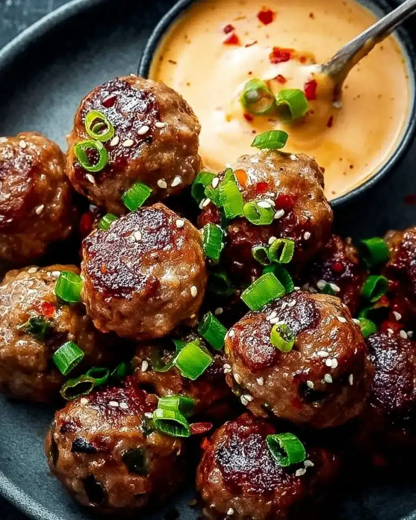 Korean BBQ Meatballs served with a spicy mayo dip garnished with sesame seeds