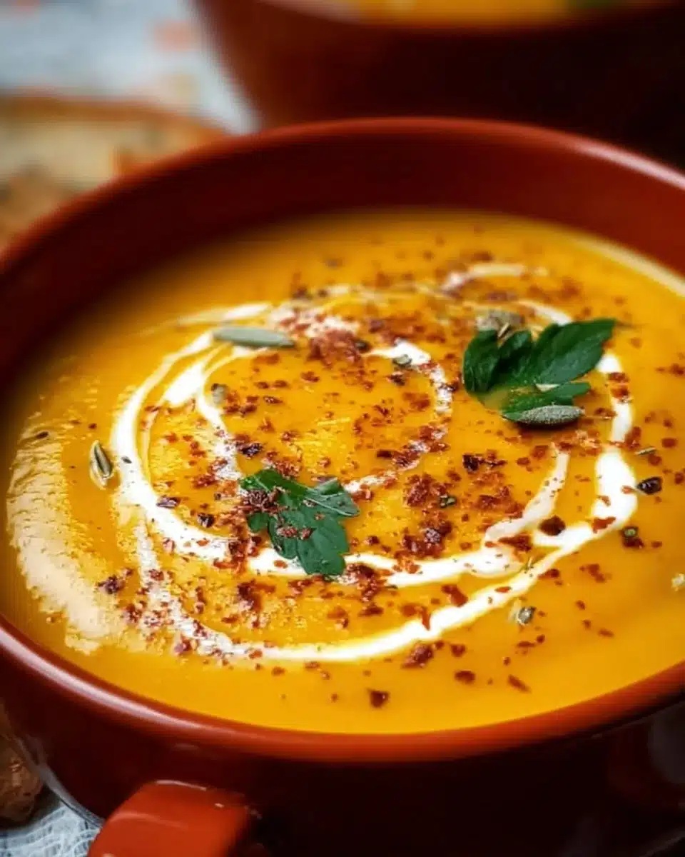 Bowl of light roasted pumpkin soup garnished with herbs and spices