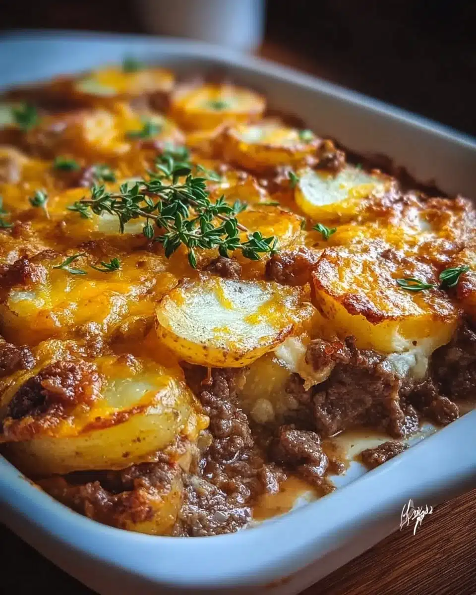 Loaded Beef & Potato Bake with melted cheese and savory ingredients