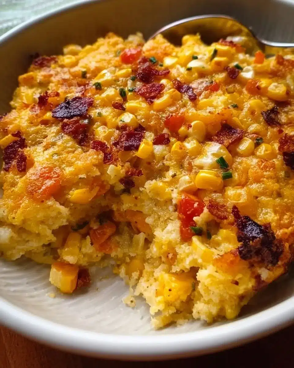 Loaded Corn Casserole topped with cheese and served in a baking dish